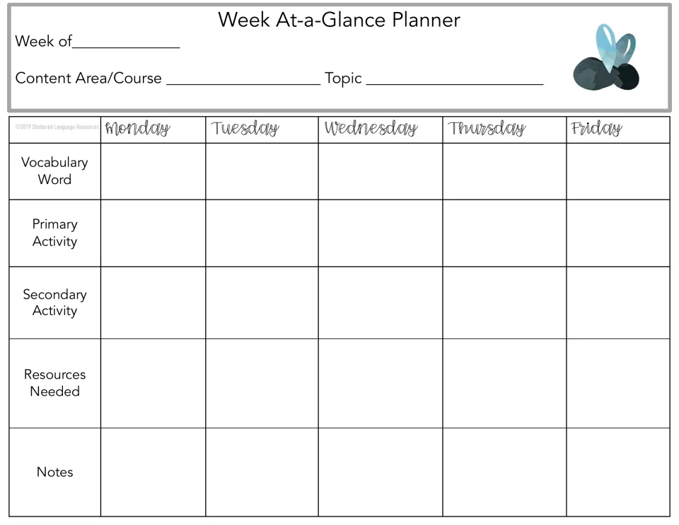 Weekly planner 5 of 10: Monday–Friday vocabulary, primary and secondary activities, resources, and notes.