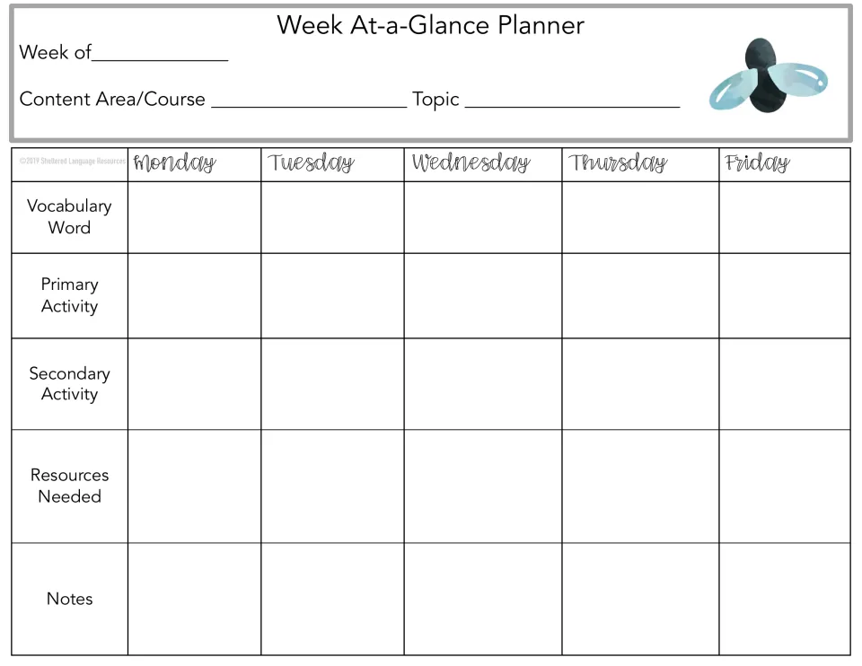 Weekly planner 6 of 10: Monday–Friday vocabulary, primary and secondary activities, resources, and notes.