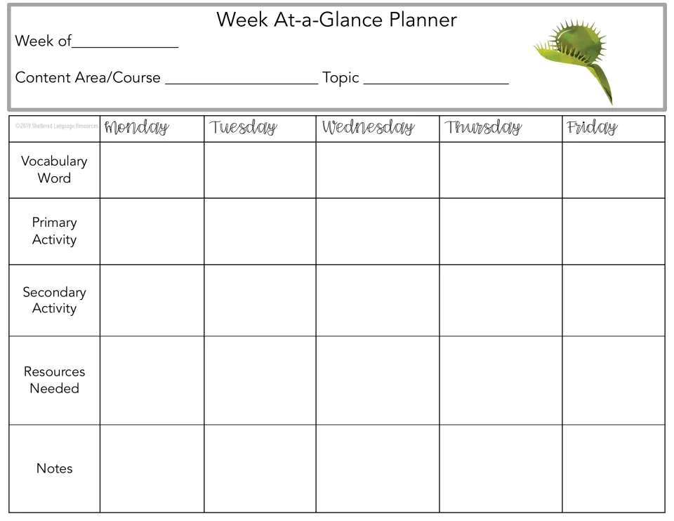 Weekly planner 7 of 10: Monday–Friday vocabulary, primary and secondary activities, resources, and notes.