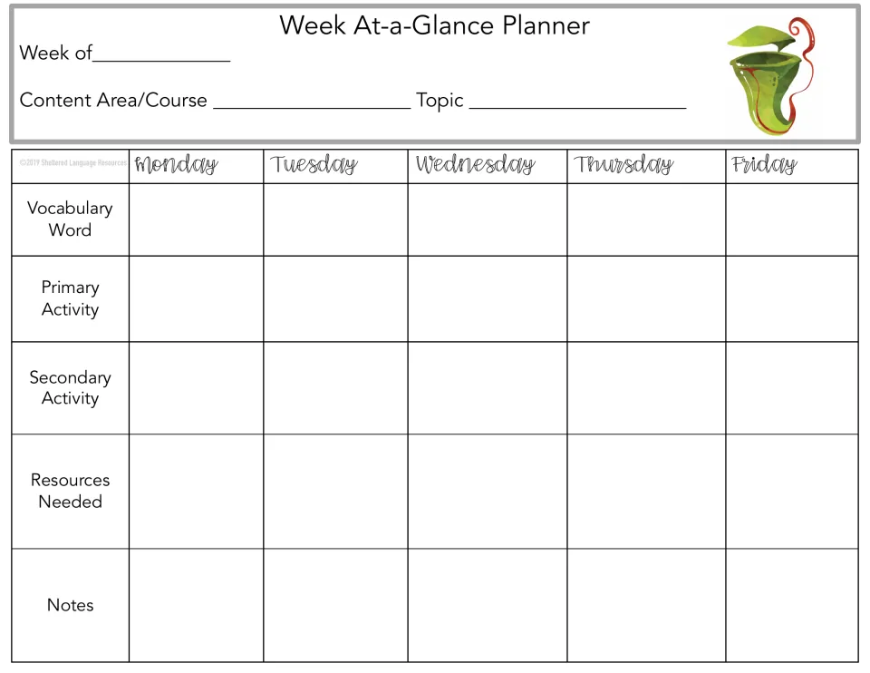 Weekly planner 8 of 10: Monday–Friday vocabulary, primary and secondary activities, resources, and notes.
