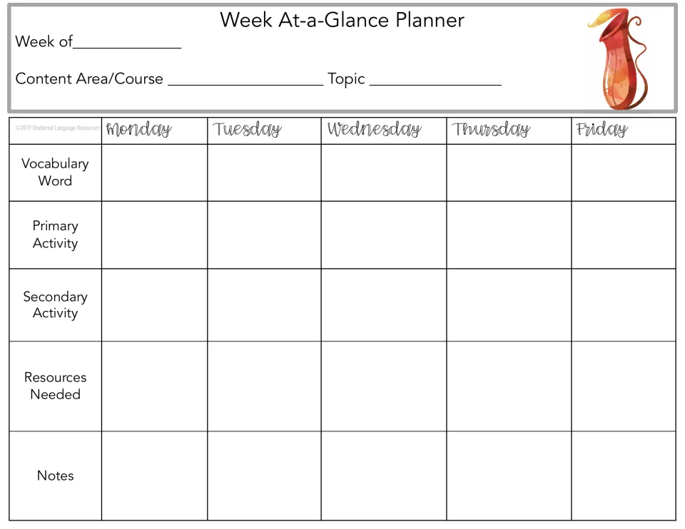 Weekly planner 9 of 10: Monday–Friday vocabulary, primary and secondary activities, resources, and notes.