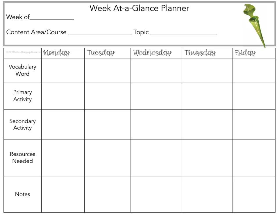 Weekly planner 10 of 10: Monday–Friday vocabulary, primary and secondary activities, resources, and notes.