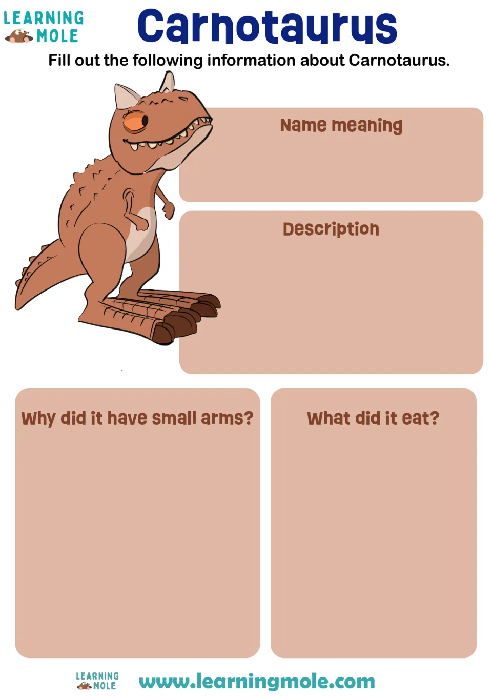 Carnotaurus research activity: name meaning, description, why it had small arms, and what it ate.