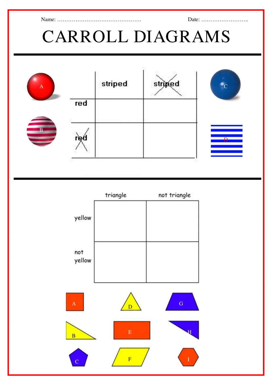 Carroll diagrams: students sort 4 balls by red and striped, then 9 lettered shapes by yellow and triangle attributes