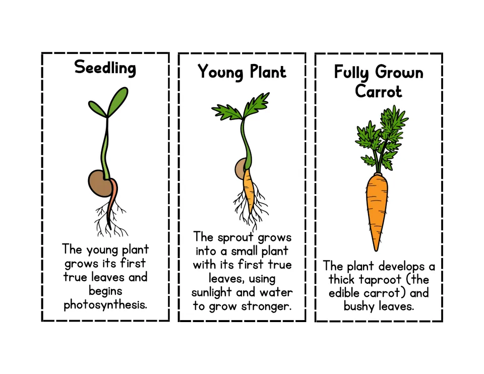Later carrot stages in color: seedling, young plant and fully grown carrot cards for students to cut out and sequence