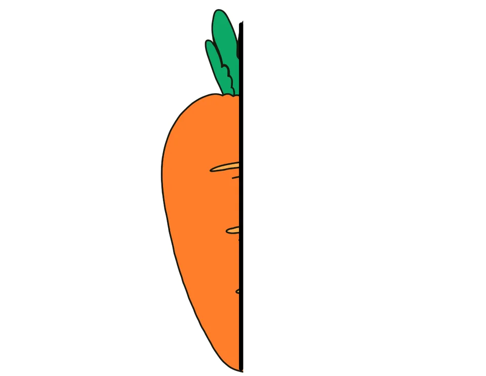 Left half of an orange carrot with green leaves: a cut-out piece students cut and glue as the left flap of the carrot craft