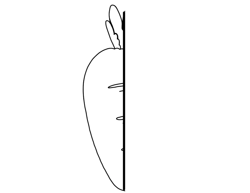 Outline of the left half of a carrot with leafy top: a cut-out piece students color and cut for the left craft flap