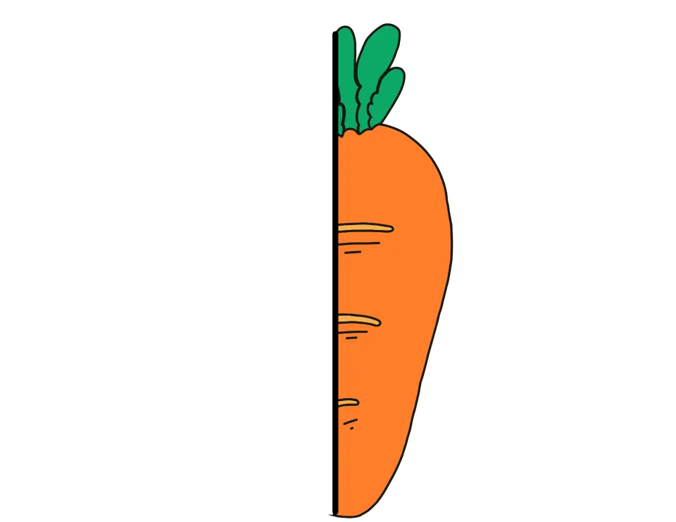 Right half of an orange carrot with green leaves: a cut-out piece that completes the whole carrot with the left half