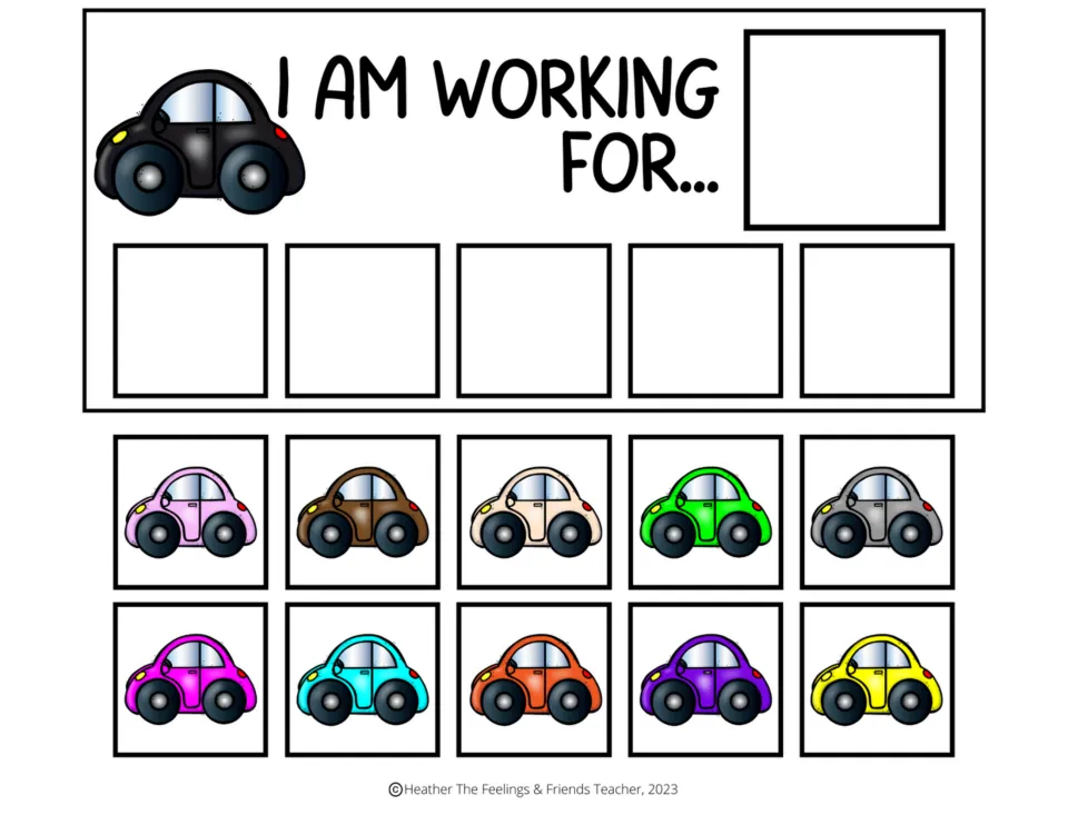 Black car "I am working for..." token board: a reward square, five token spaces and ten colored car tokens to cut out