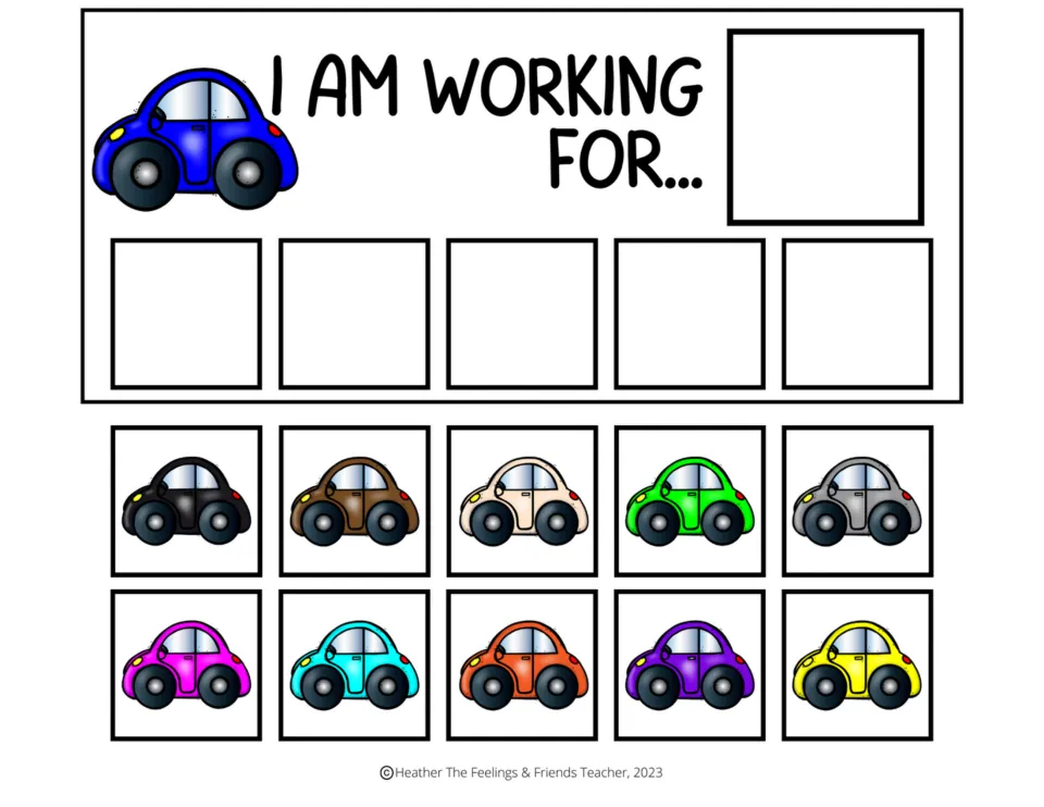 Blue car "I am working for..." board: students earn five car tokens toward a chosen reward; ten cut-out tokens below