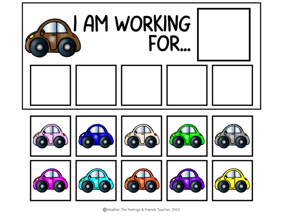 Brown car "I am working for..." token chart with a reward spot, five token spaces and ten multicolor car tokens