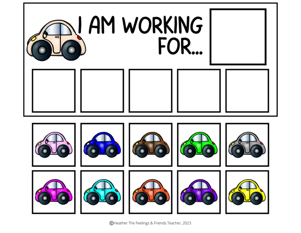 Cream car "I am working for..." board: a child earns five car tokens for a pictured reward; ten tokens to cut apart
