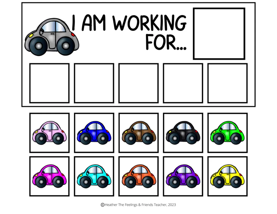 Gray car "I am working for..." token board: place a reward picture, then add car tokens to five spaces as earned