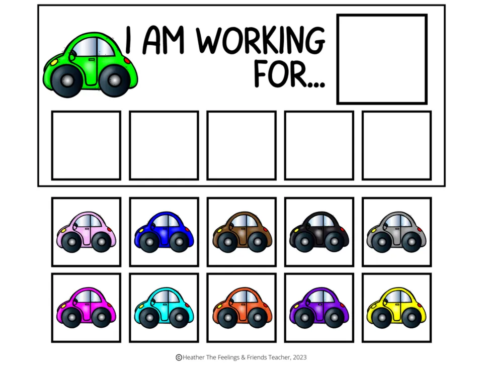 Green car "I am working for..." token board for behavior goals: five token spaces, reward spot, ten car tokens