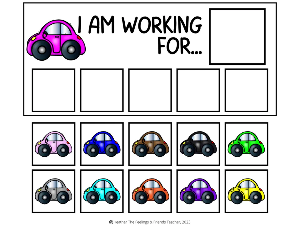 Magenta car "I am working for..." board: reward spot plus five token spaces, with ten colored car tokens to cut out