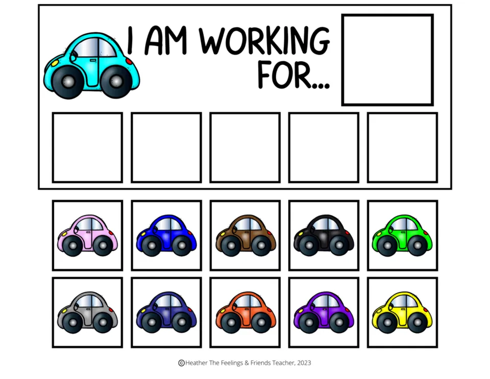 Turquoise car "I am working for..." token board: students fill five spaces with car tokens to earn the pictured reward