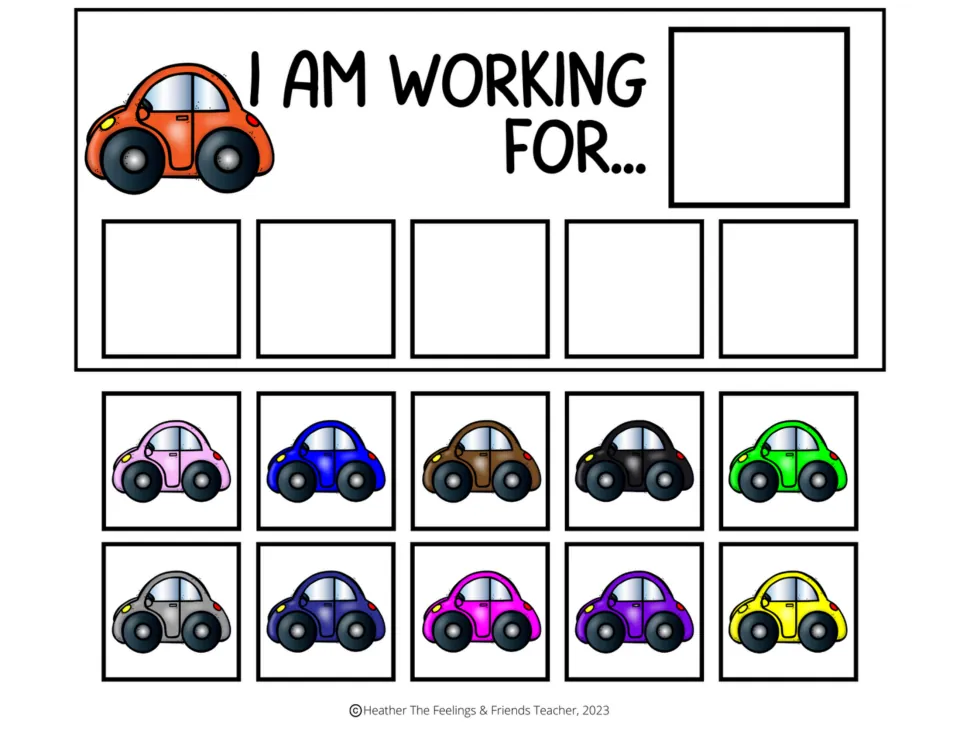 Orange car "I am working for..." token board with ten cut-out car tokens in pink, blue, black, green, gray and more