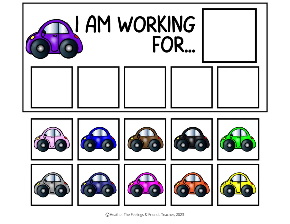 Purple car "I am working for..." token board: five token spaces toward a reward and ten car tokens ending in yellow