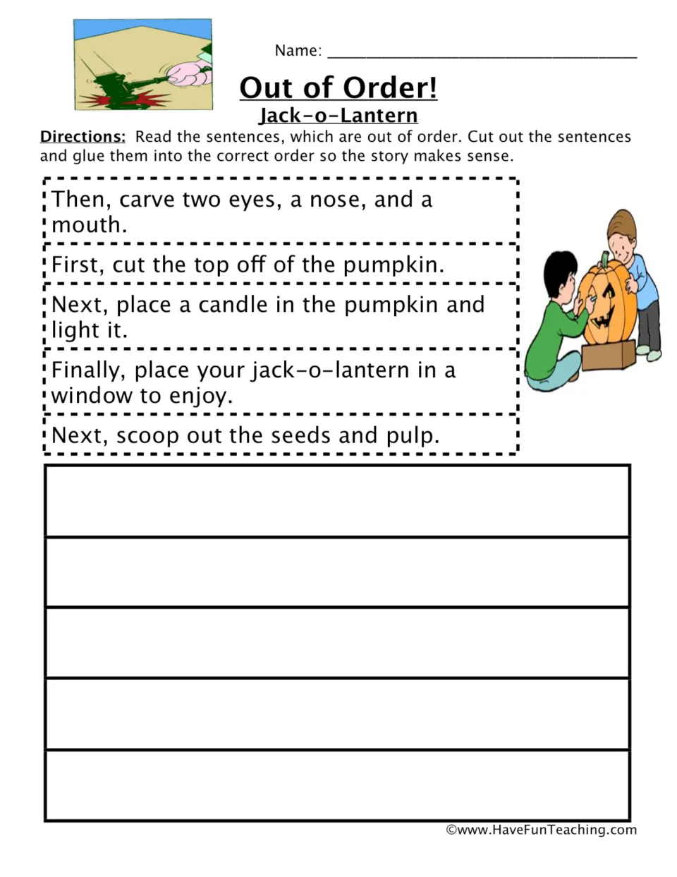 Jack-o-lantern sequencing: students cut out five out-of-order carving sentences and glue them in the correct order