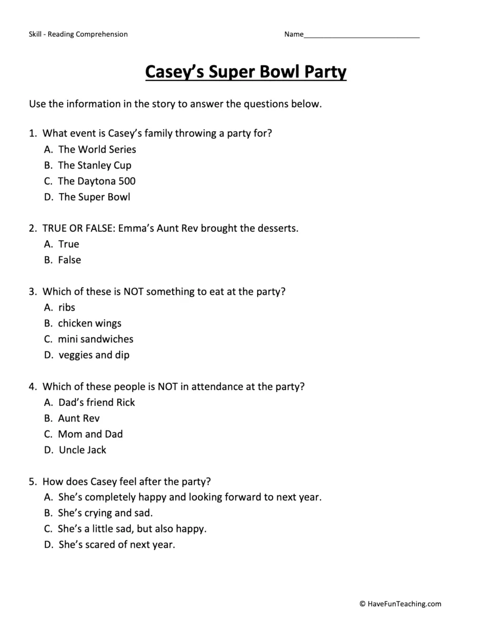 Five comprehension questions about the party's occasion, desserts, food, guests, and Casey's feelings