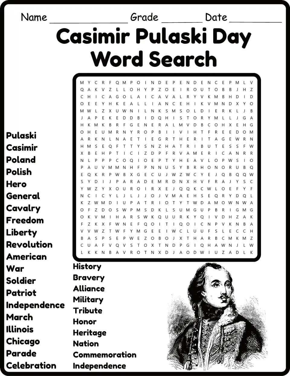 Pulaski Day word search: students find listed words such as Poland, cavalry and Chicago next to a portrait of Pulaski
