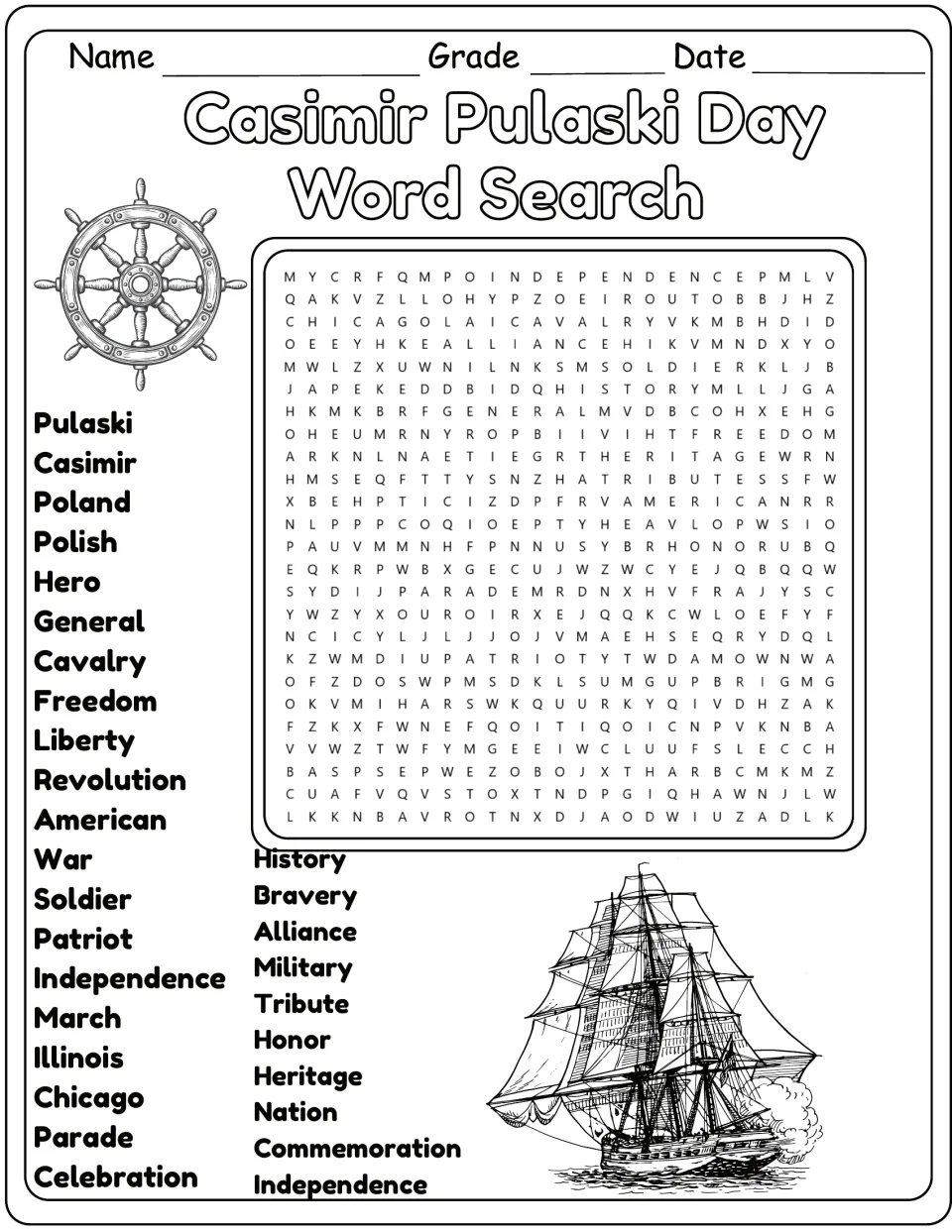 Pulaski Day word search, ship edition: students hunt for patriot, parade and freedom; ship's wheel and sailing ship art