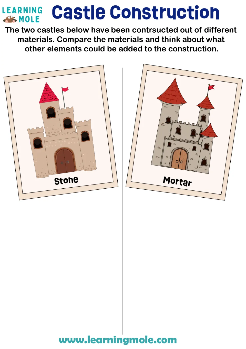 Castle building materials: students compare a stone castle and a mortar castle, then suggest other elements to add