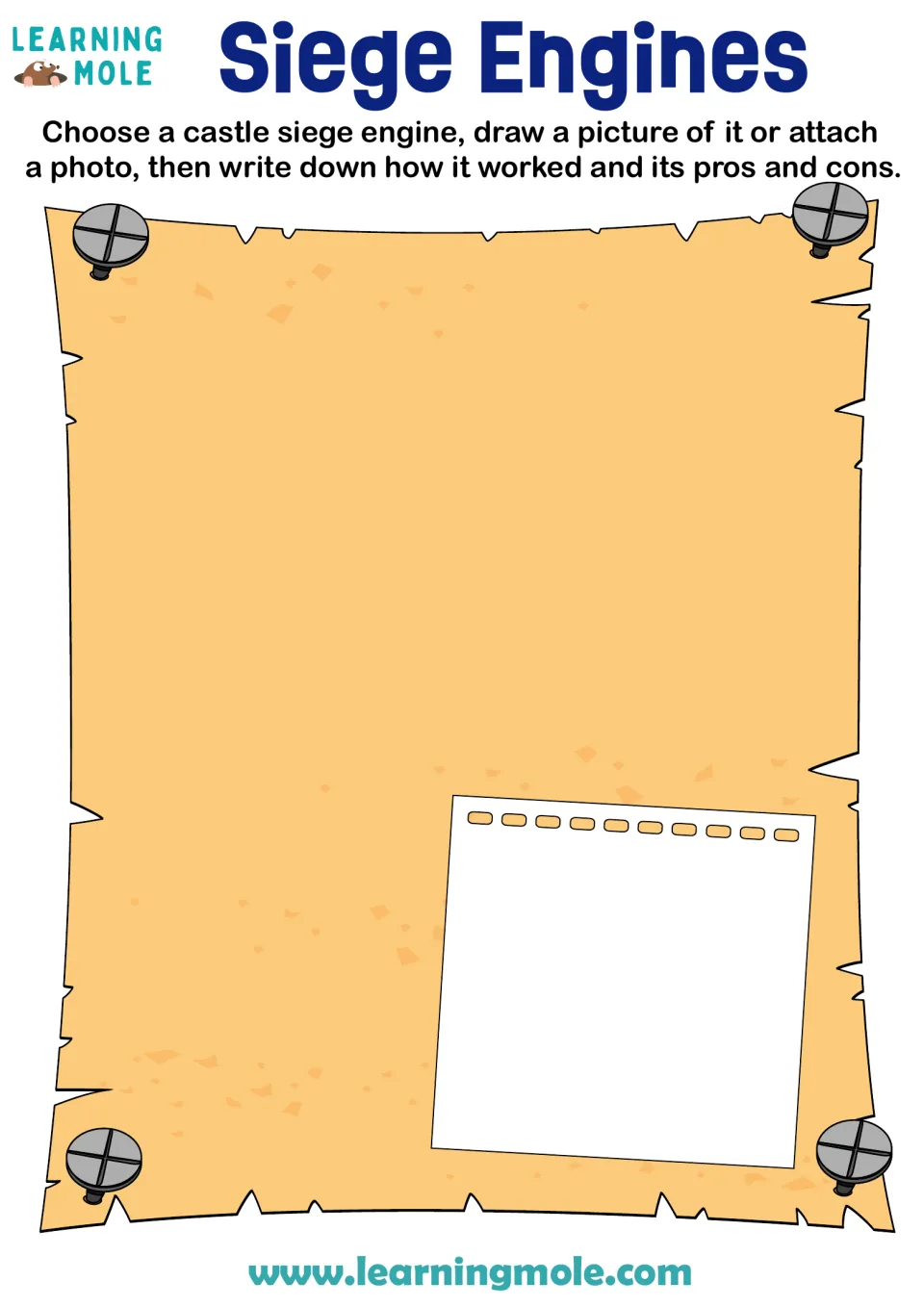 Siege engines: students draw or attach a photo of one castle siege engine and explain how it worked, pros and cons