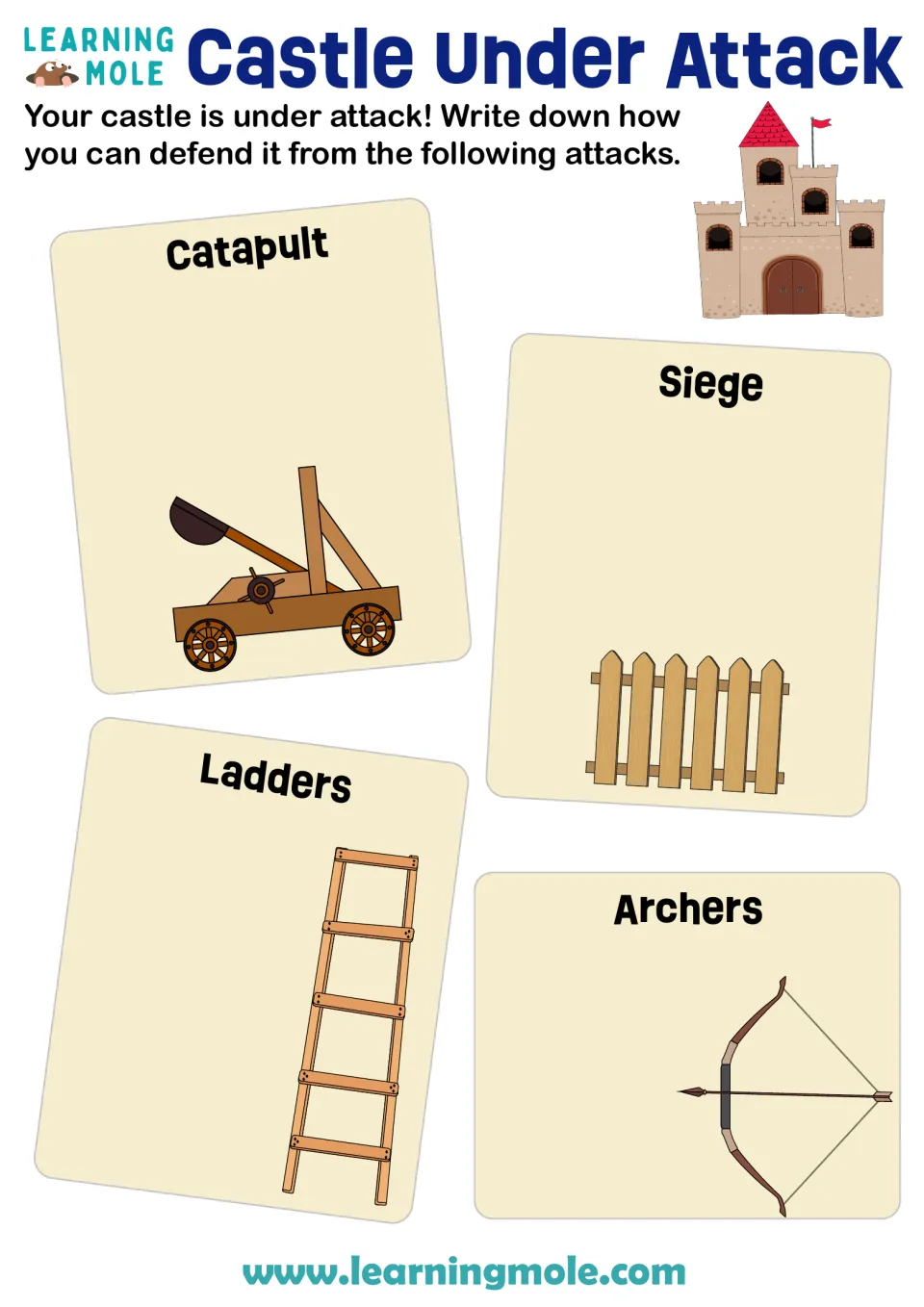 Castle defense: students write how they would defend their castle from catapult, siege, ladder and archer attacks