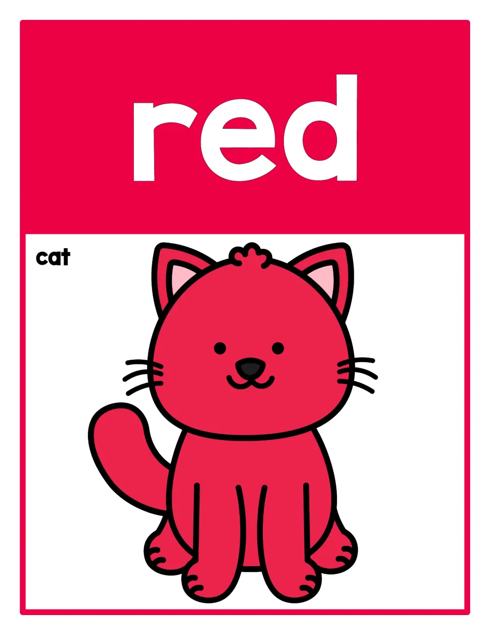 Classroom color reference poster 1: the word 'red' and a red cat labeled 'cat' for identifying colors.