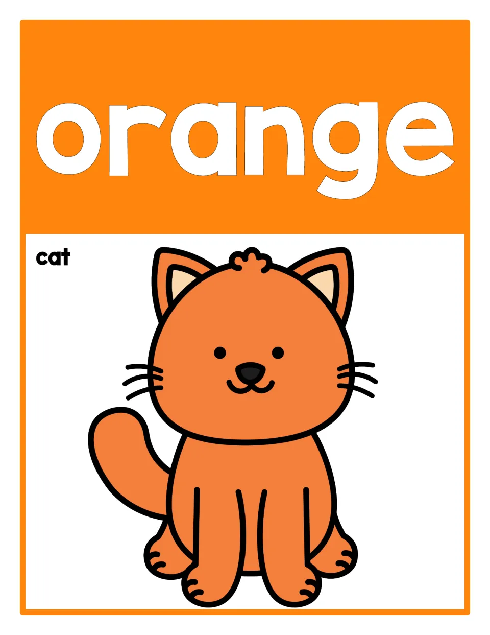 Classroom color reference poster 2: the word 'orange' and an orange cat labeled 'cat' for identifying colors.