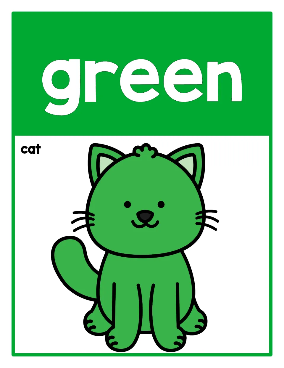 Classroom color reference poster 4: the word 'green' and a green cat labeled 'cat' for identifying colors.