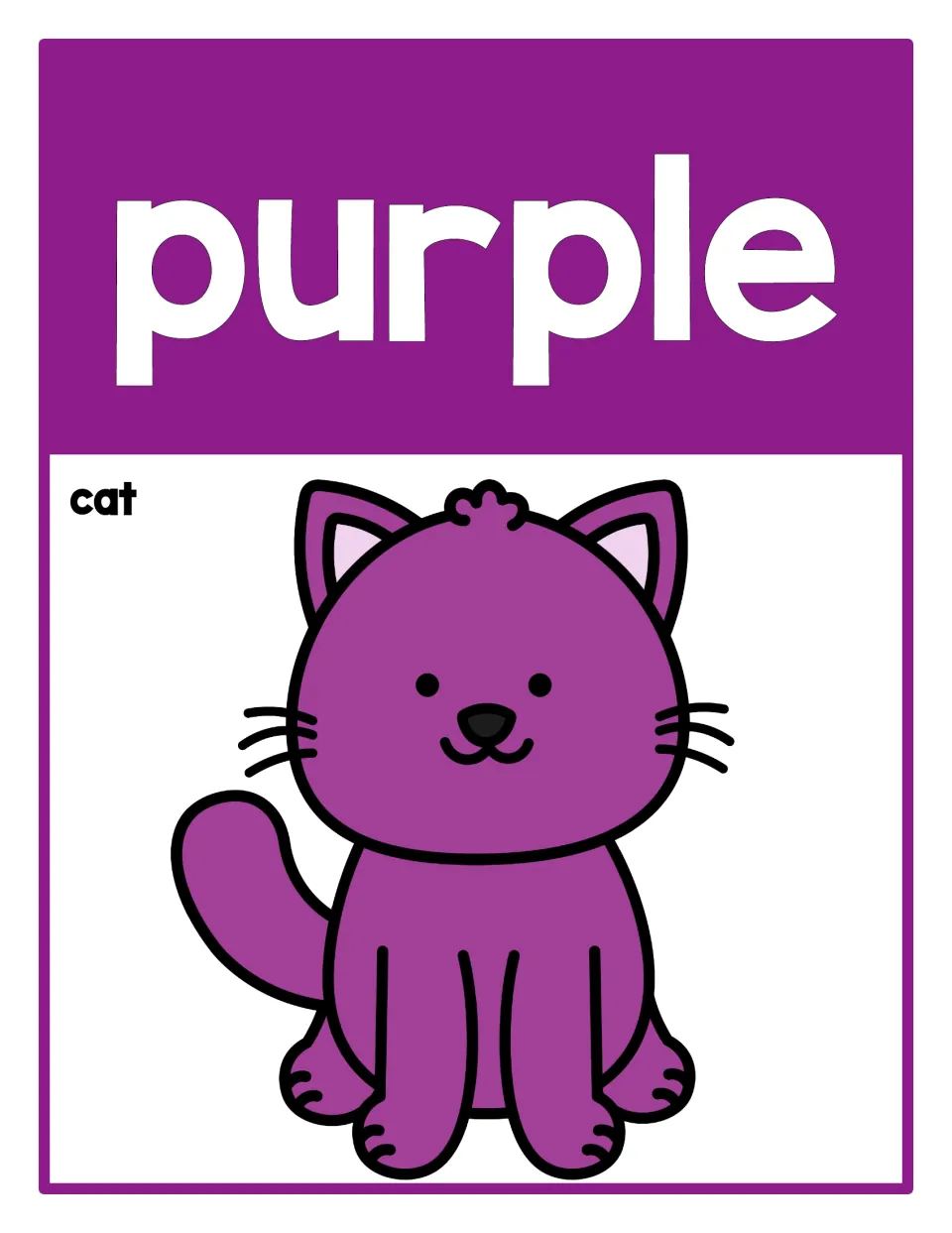 Classroom color reference poster 6: the word 'purple' and a purple cat labeled 'cat' for identifying colors.