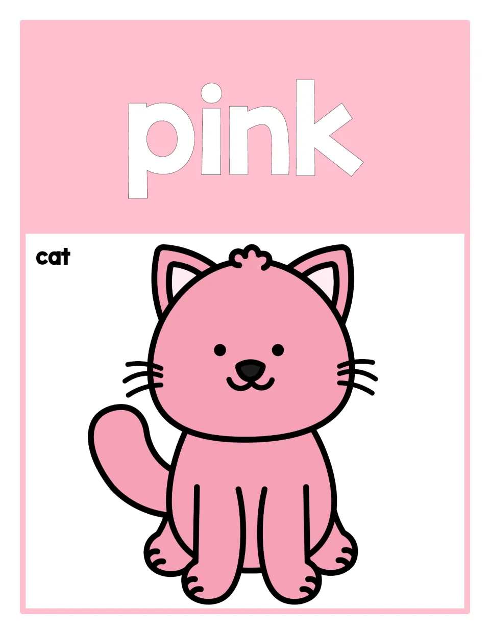 Classroom color reference poster 7: the word 'pink' and a pink cat labeled 'cat' for identifying colors.