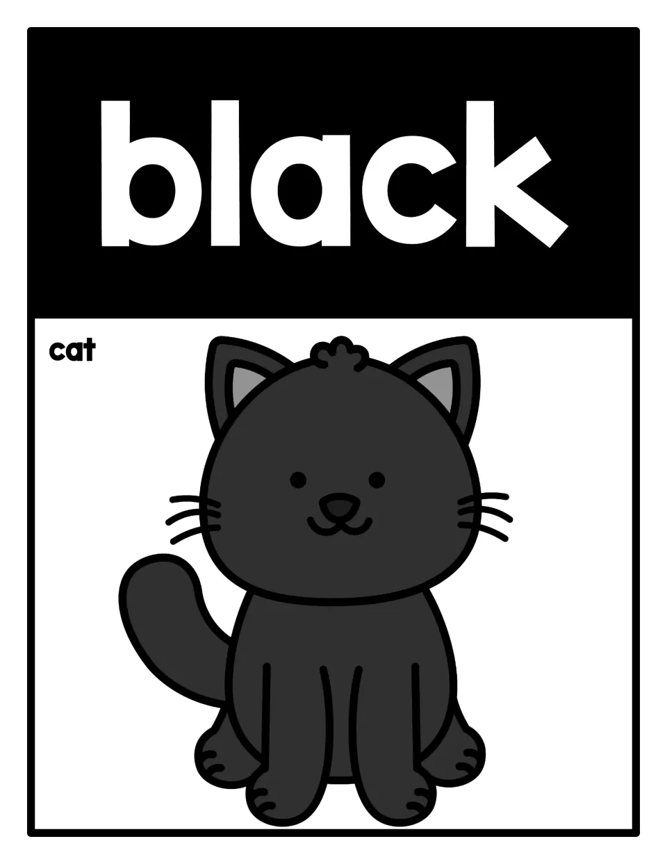 Classroom color reference poster 9: the word 'black' and a black cat labeled 'cat' for identifying colors.