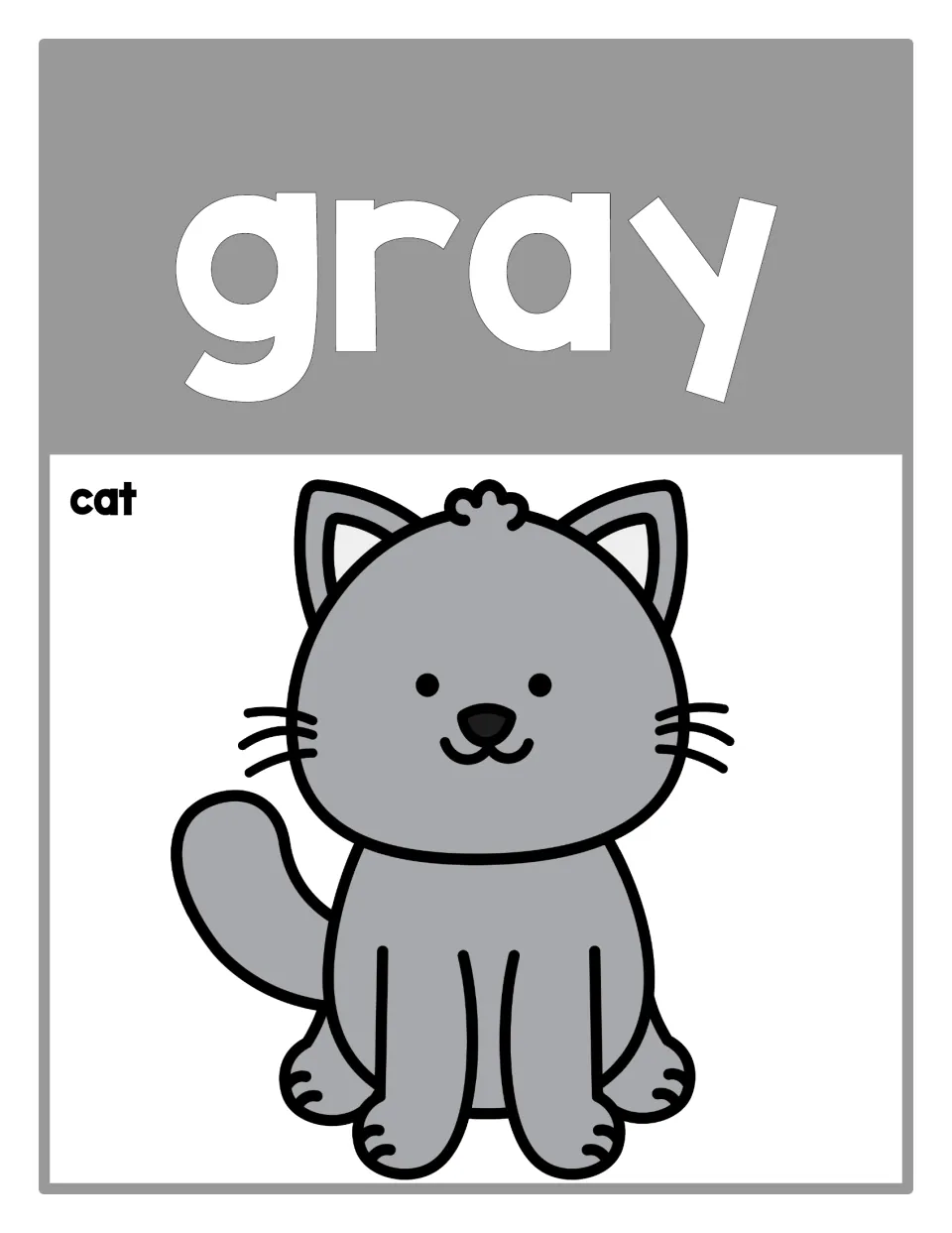 Classroom color reference poster 10: the word 'gray' and a gray cat labeled 'cat' for identifying colors.