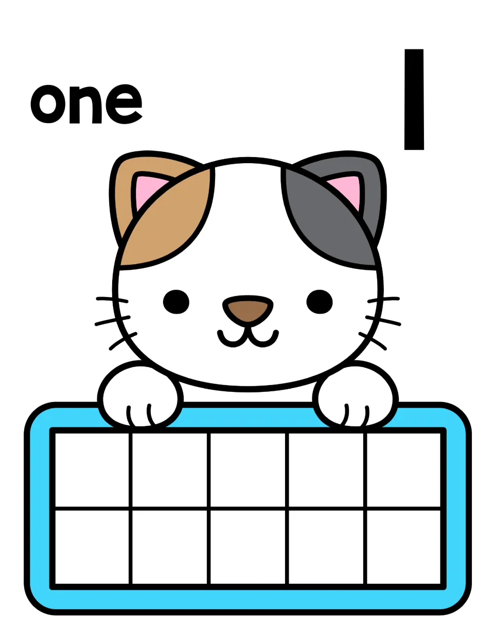 Number 1 counting mat: the word one and numeral 1 above a calico cat holding a ten frame for placing a single counter