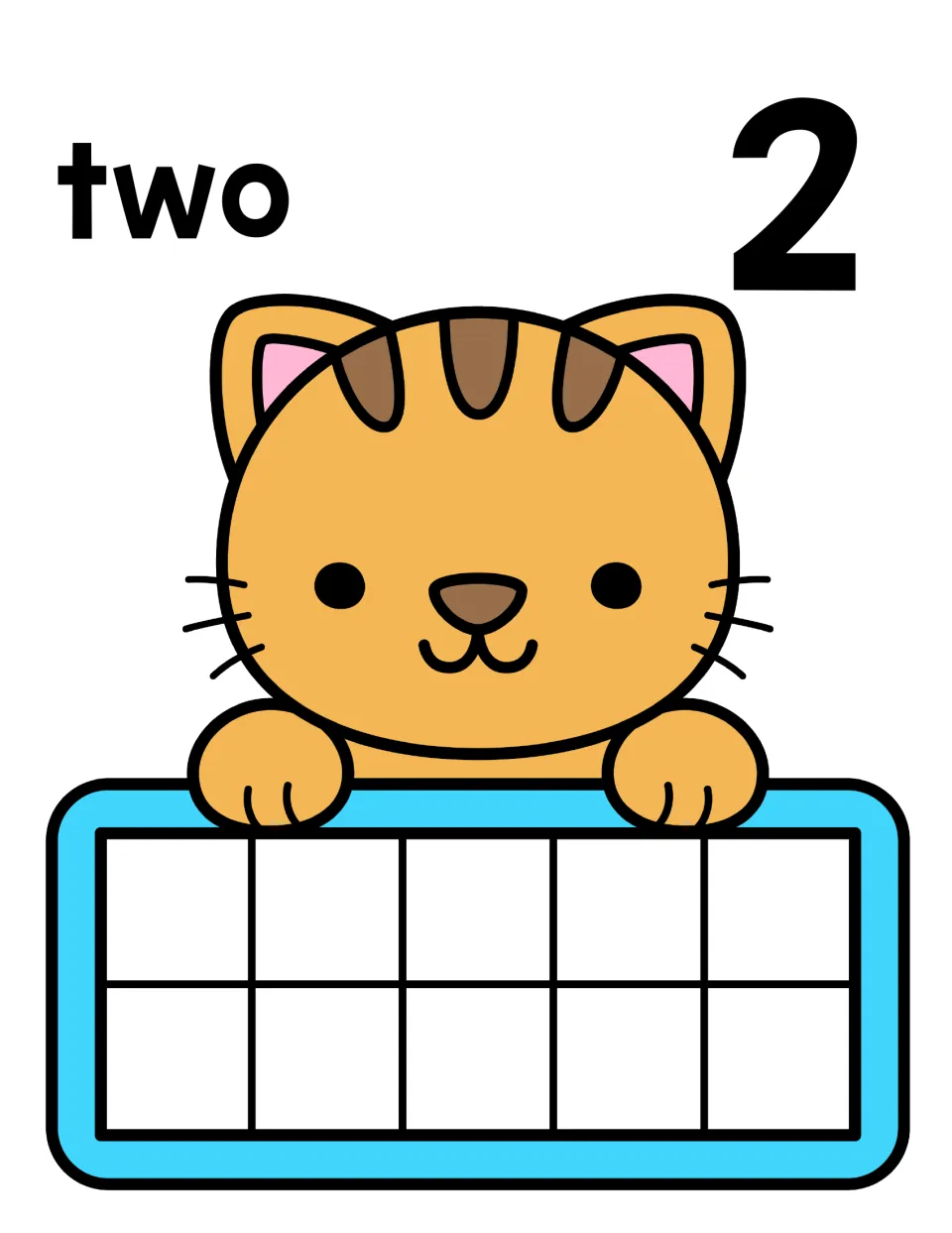 Number 2 counting mat: word two and numeral 2 shown with an orange tabby cat; students fill two spaces of its ten frame