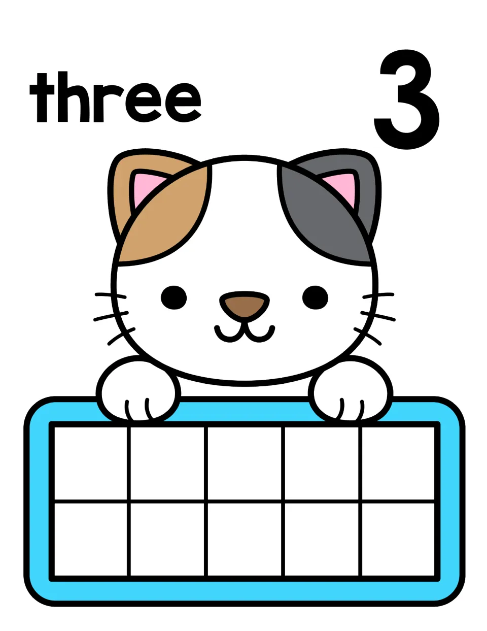 Number 3 counting mat: three and numeral 3 with a calico cat over a ten frame where students count out three counters