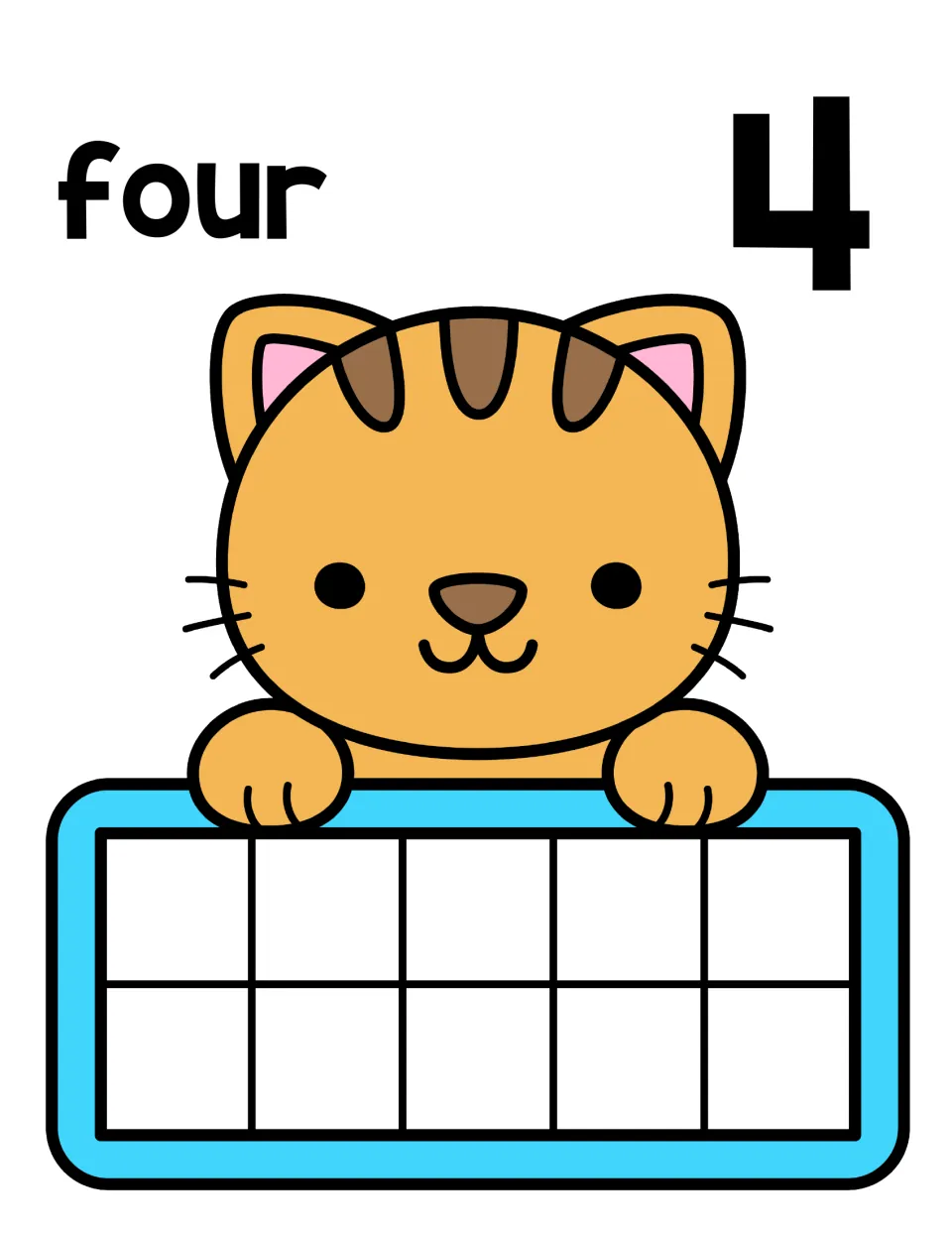 Number 4 counting mat: the word four and numeral 4 with a tabby cat; children place four counters on the ten frame