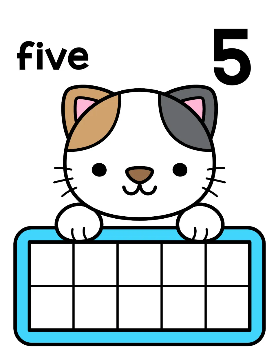 Number 5 counting mat: five and numeral 5 with a calico cat; students fill one full row of the ten frame to show five