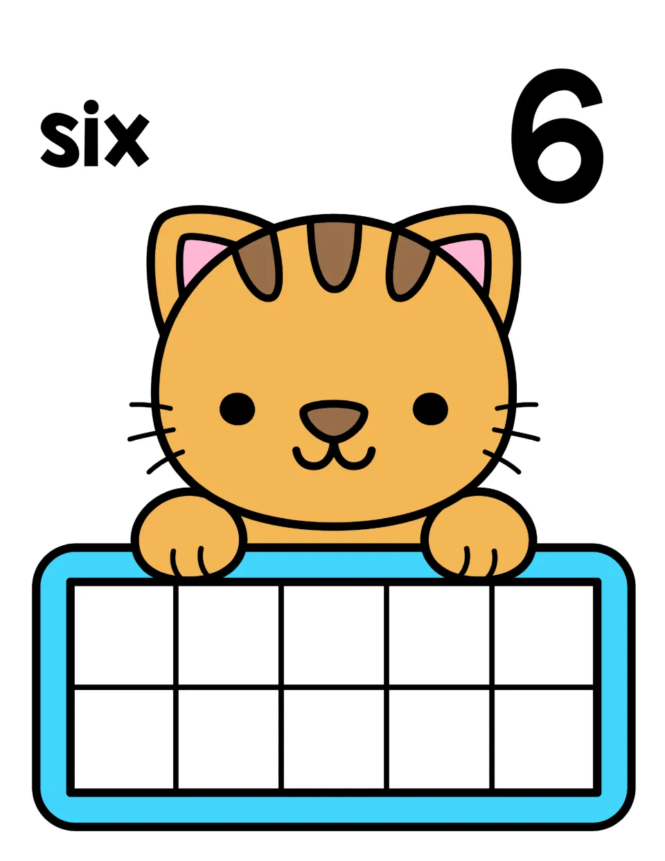 Number 6 counting mat: word six and numeral 6 above an orange tabby cat; students build six with counters on the ten frame