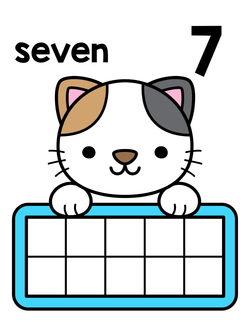 Number 7 counting mat: seven and numeral 7 with a calico cat; children place seven counters on the ten frame and count them