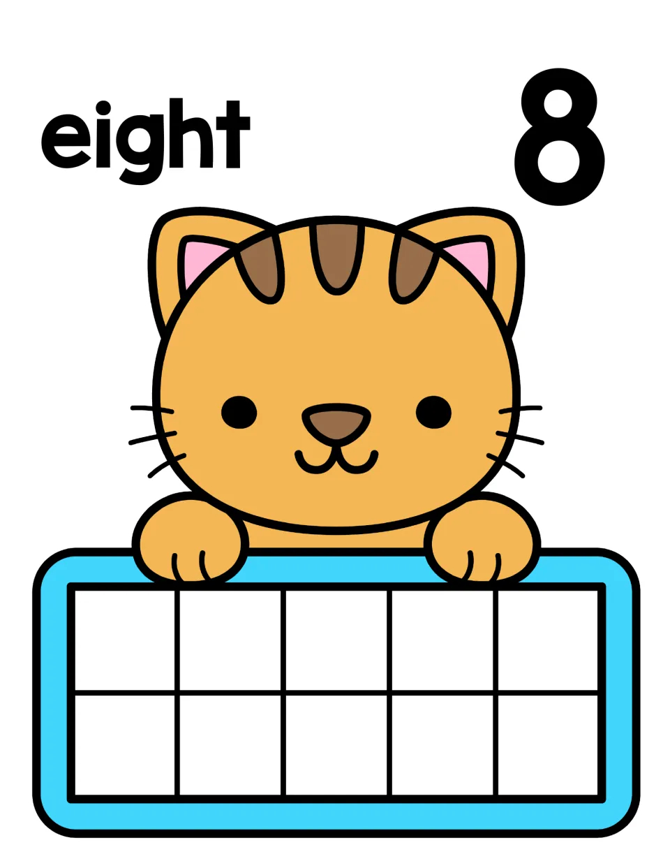 Number 8 counting mat: the word eight and numeral 8 with a tabby cat; students fill eight ten-frame spaces to build eight