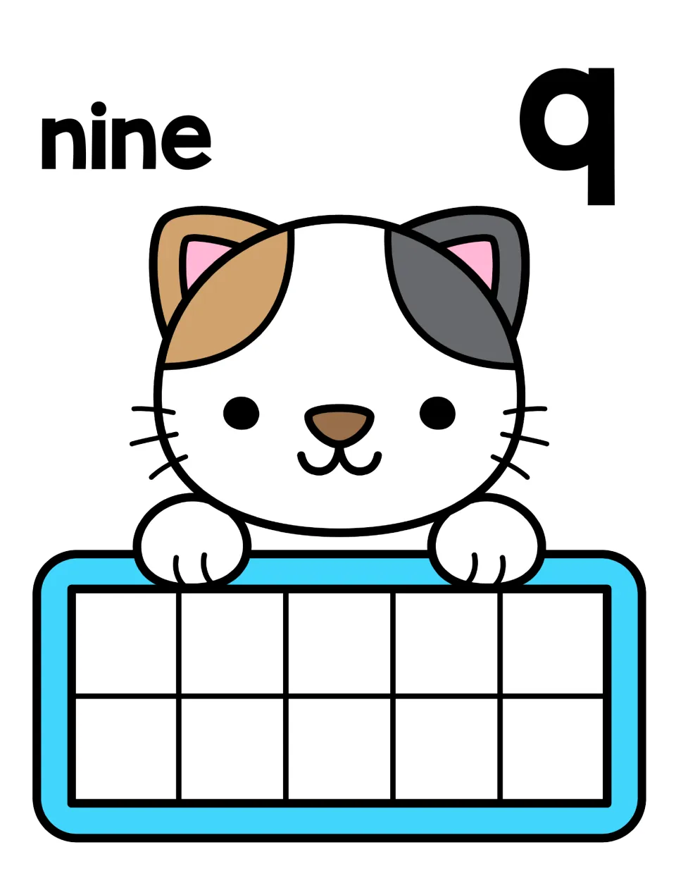Number 9 counting mat: nine and numeral 9 with a calico cat; students place nine counters, leaving one ten-frame space open