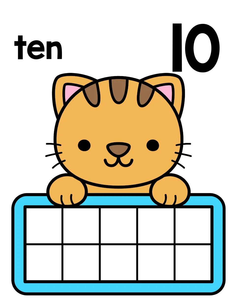 Number 10 counting mat: word ten and numeral 10 with an orange tabby cat; students fill the whole ten frame to show ten