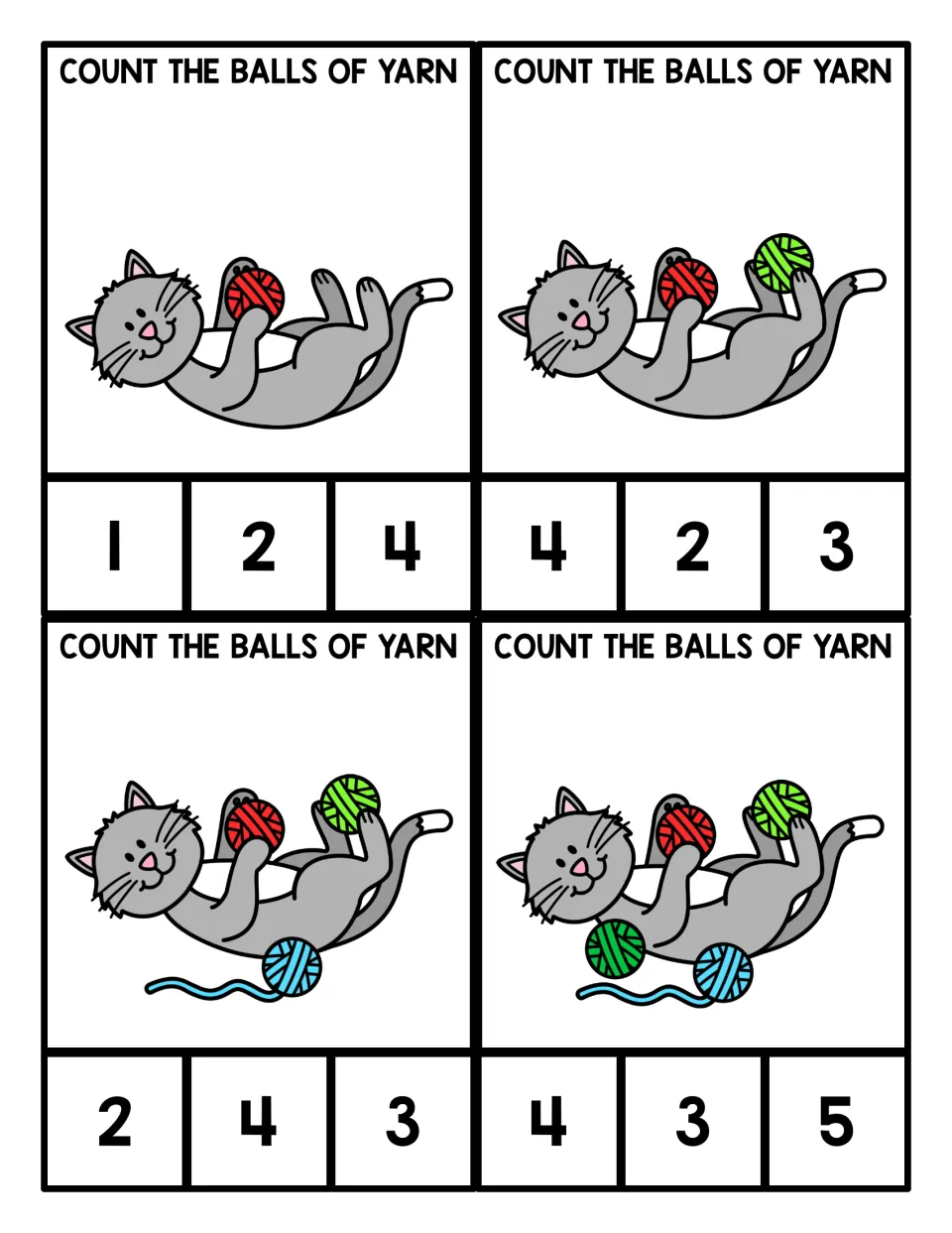 Counting 1 to 4: four cards of a gray cat with balls of yarn; students count the yarn and clip the matching number