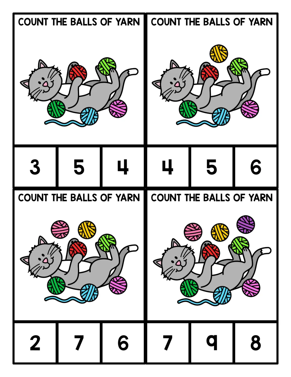 Counting 5 to 8: a cat holds and lies among colorful yarn balls; students count them and clip the right numeral