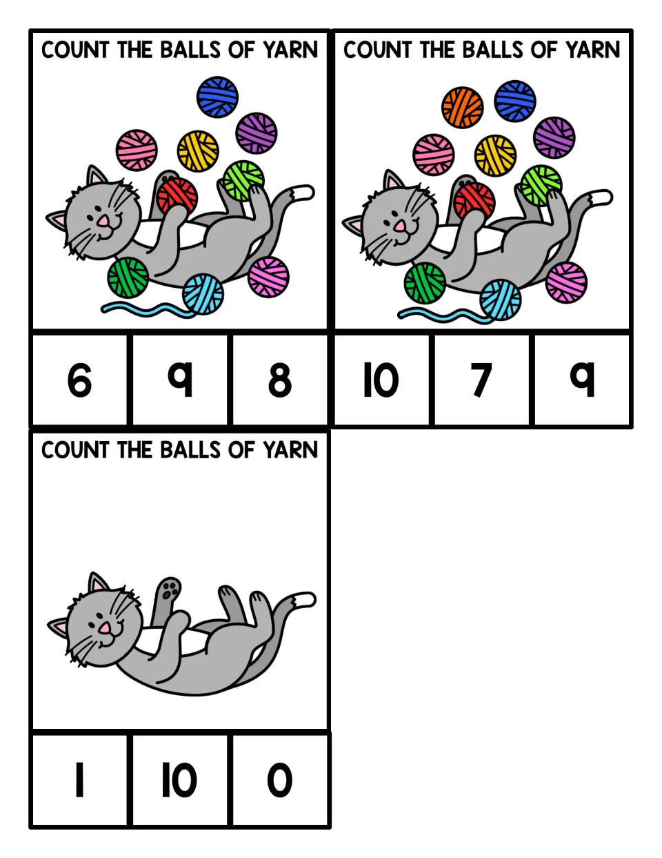 Counting 9, 10 and zero: two cat cards full of yarn balls plus one with no yarn, each with three numbers to choose