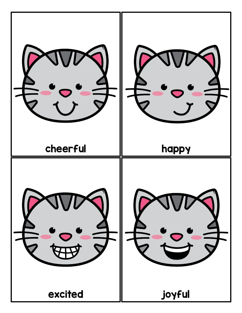 Happy feelings cards: four tabby cat faces with matching emotion words cheerful, happy, excited and joyful